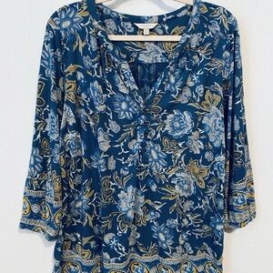 Lucky Brand Blue Floral Blouse Relaxed V-Neck